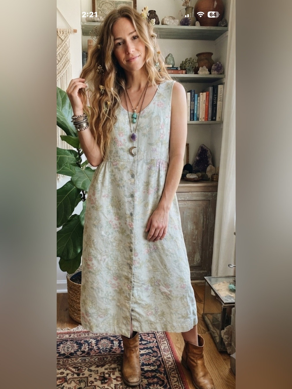 EDDIE BAUER Vintage 90s Linen Floral Button Front Sundress Size SP